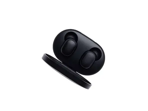 Wireless black Bluetooth earphones with a charging case